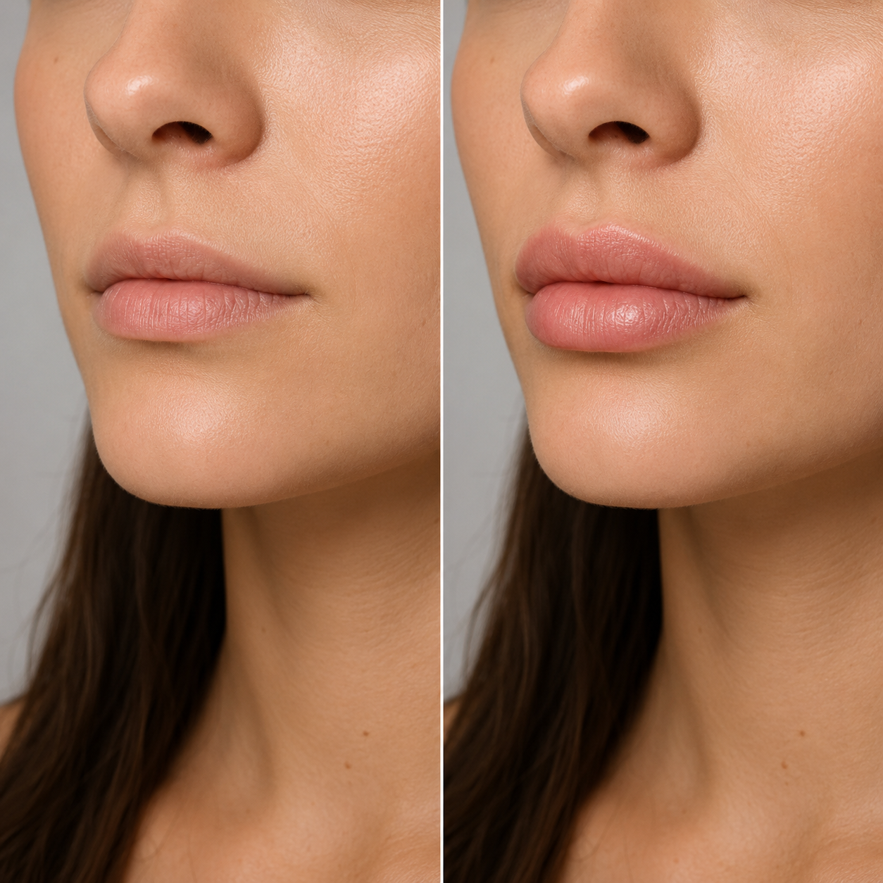 Antes e depois de preenchimento labial